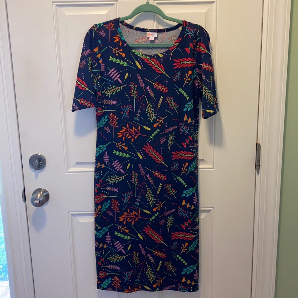 LuLaRoe Julia Navy Bright Floral Slim Dress M EUC